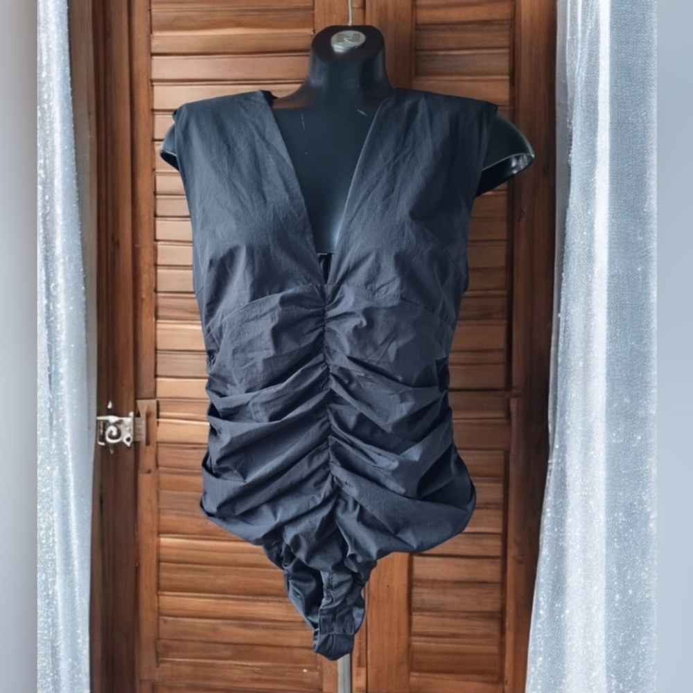 Zara Black Gathered V Neck One Piece Bodysuit Ladies Size L